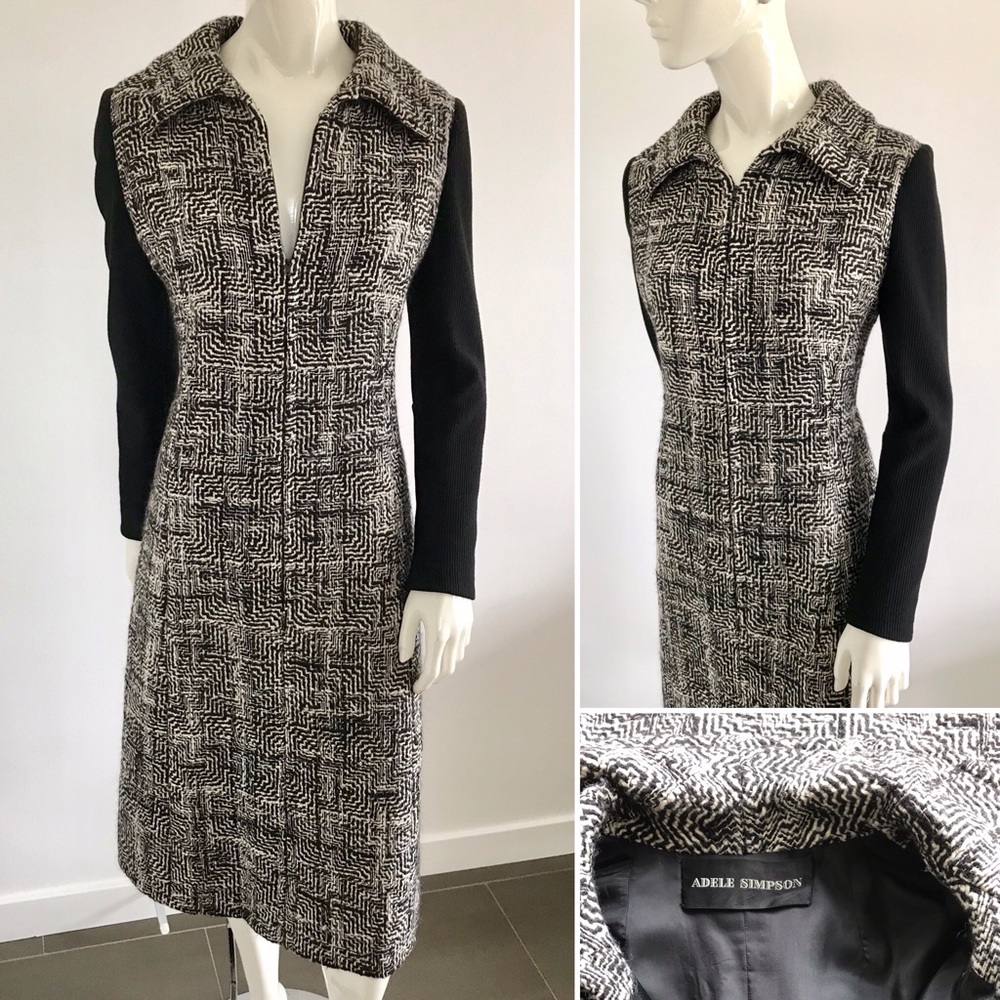 Vintage 1960s Adele Simpson Zip Front B&W Dress w/Black Sleeves M/L